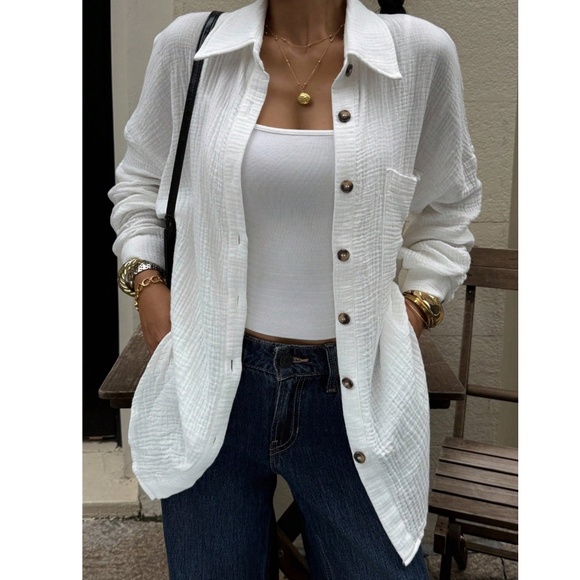 Cotton White Casual Shirt  Button Down Up Long Sleeve - Picture 8 of 16